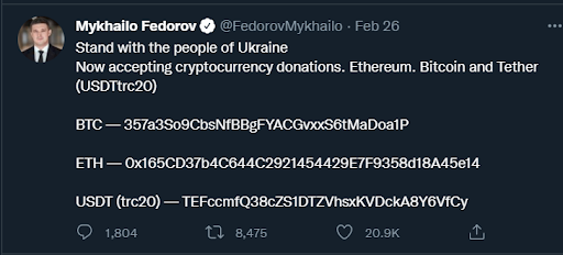 The Tweet from Ukraine's Vice Prime Minister requesting crypto donations