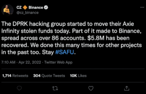 CZ tweet about ronin hack