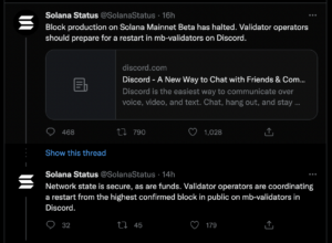 Solana Status, recent shutdown tweet